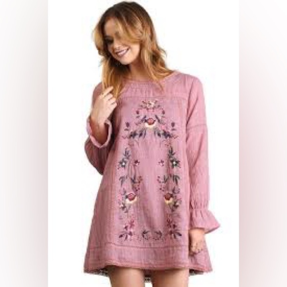 *UMGEE Floral Embroidered Mini Dress Boho Chic Festival‎ -  Dusty Rose